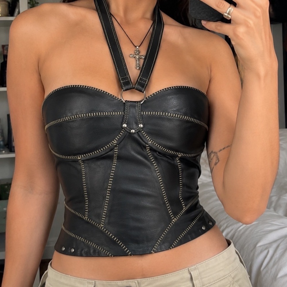 Harley-Davidson Black Leather Halter Corset Top 6 Grunge Biker Whipstitch emo